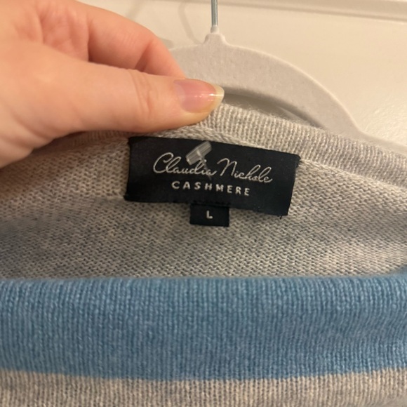 Claudia Nichole Cashmere Blue and Gray Striped Cowl Neck Sweater - Picture 6 of 8